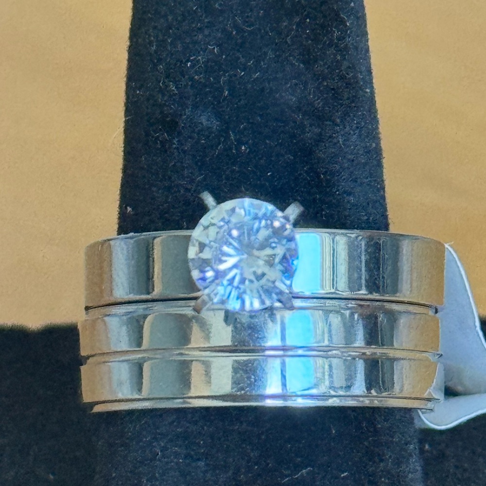 SZ 7.5, 8.5 Stainless Steel Engagement Ring and Band Set